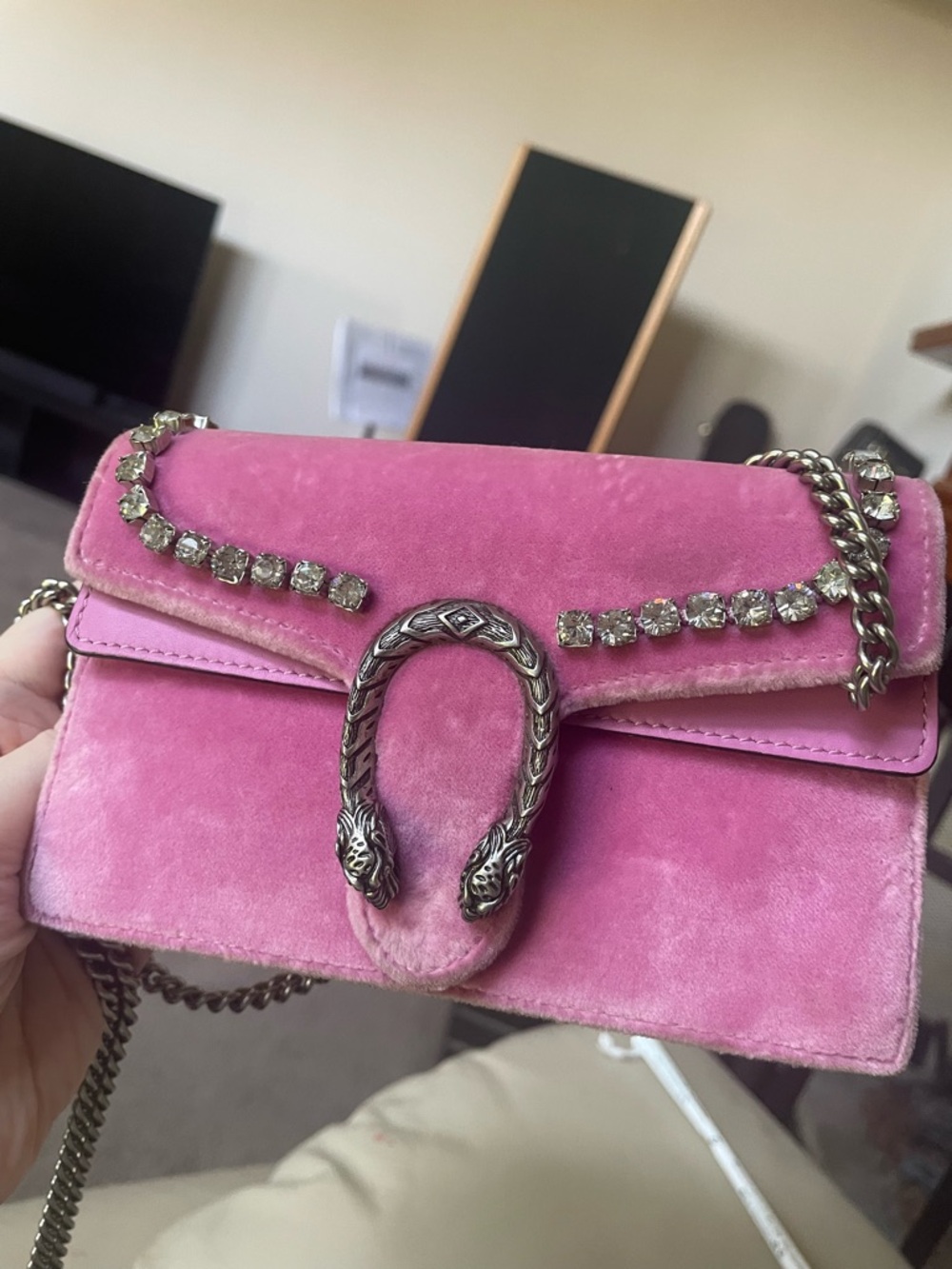 Authentic Gucci pink Dionysus crystal trim with pink suede exterior